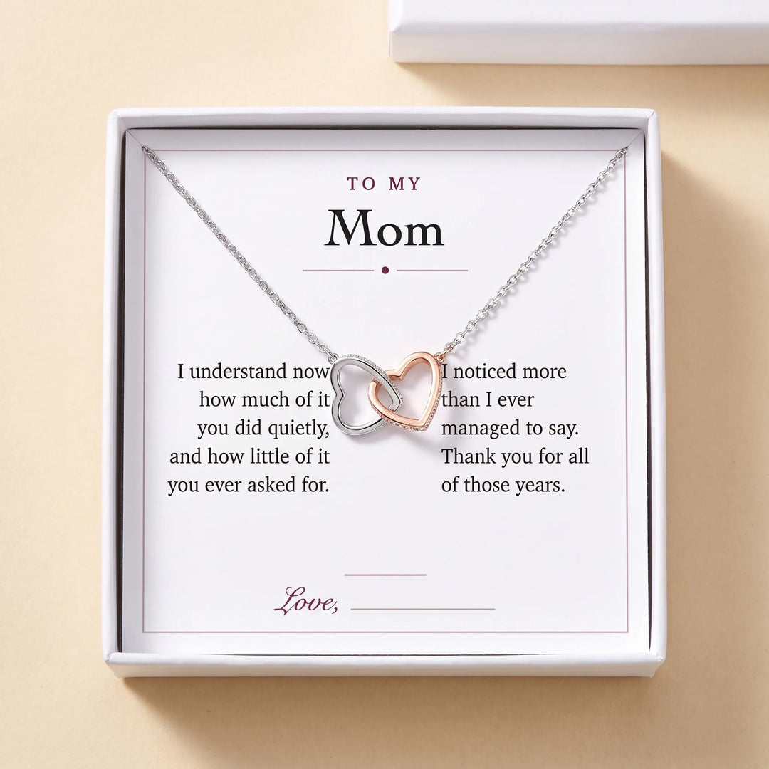 Interlocking Hearts Necklace gift box with To My Mom message card