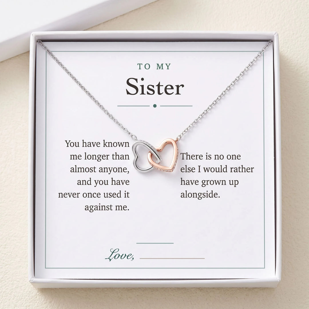 Interlocking Hearts Necklace gift box with To My Sister message card