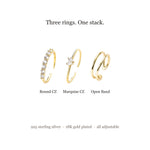 Load image into Gallery viewer, What's in the Stacking Rings Set — Round CZ, Marquise CZ and Open Band rings in 925 sterling silver, 18K gold plated
