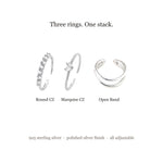 Load image into Gallery viewer, What's in the Stacking Rings Set — Round CZ, Marquise CZ and Open Band rings in 925 sterling silver, polished silver finish
