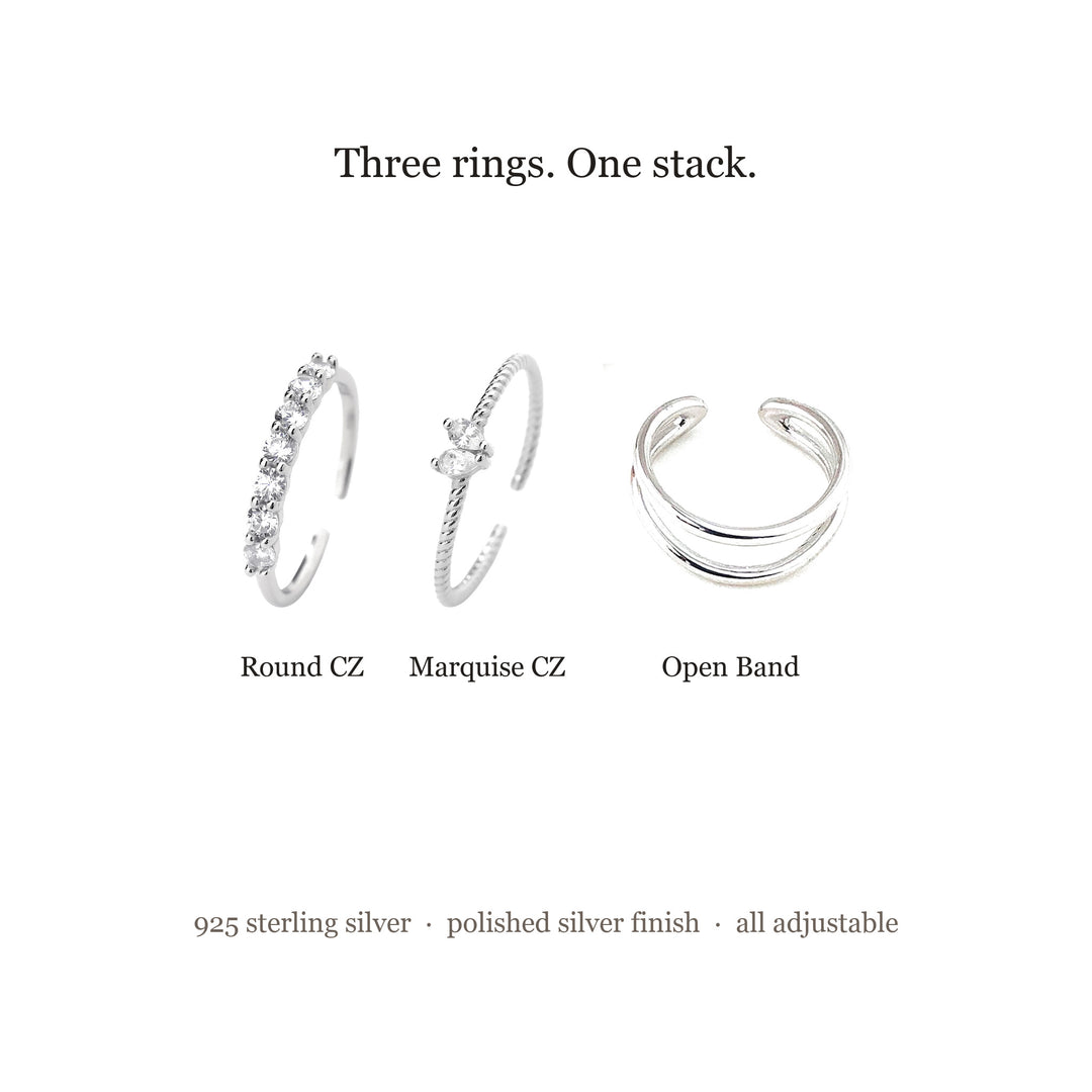 What's in the Stacking Rings Set — Round CZ, Marquise CZ and Open Band rings in 925 sterling silver, polished silver finish