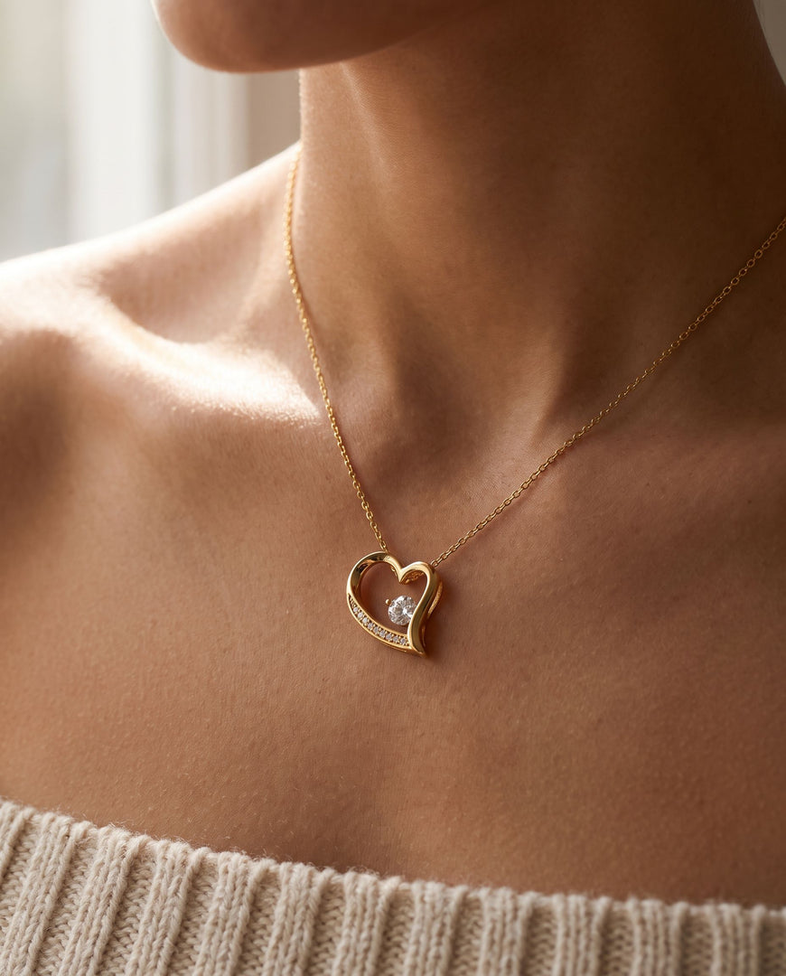 Soulmate Necklace worn at the collarbone, 18K yellow-gold-tone finish