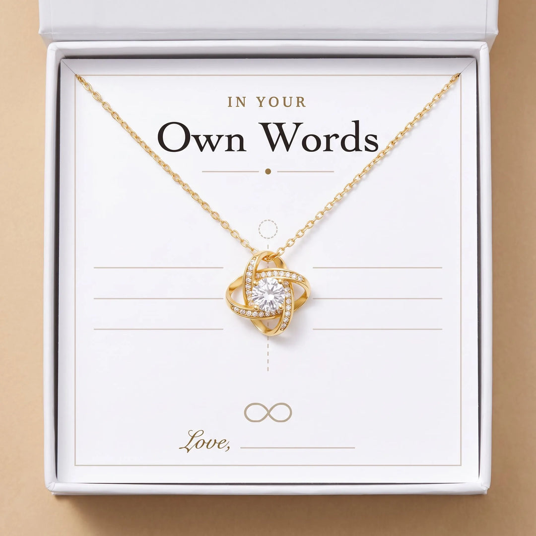 No message card (blank, write your own) gift message card included free with the Love Knot Necklace, gift boxed