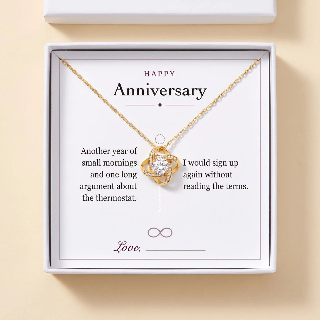 Happy Anniversary gift message card included free with the Love Knot Necklace, gift boxed