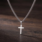 Load image into Gallery viewer, Polished 316L stainless steel cross pendant and Cuban link chain, close detail
