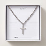 Load image into Gallery viewer, Men's cross necklace in a gift box with a blank message card to write yourself
