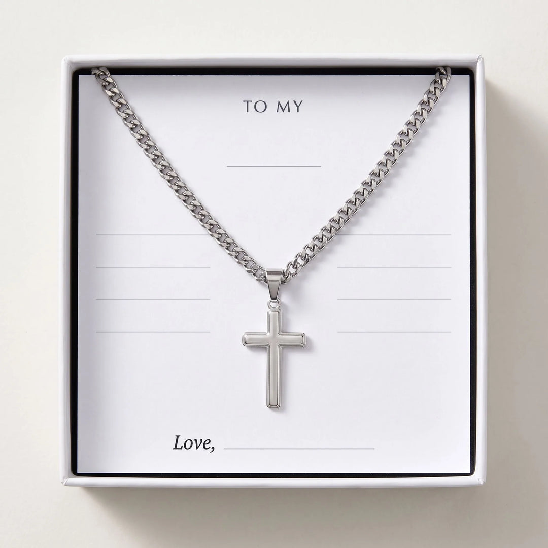Men's cross necklace in a gift box with a blank message card to write yourself