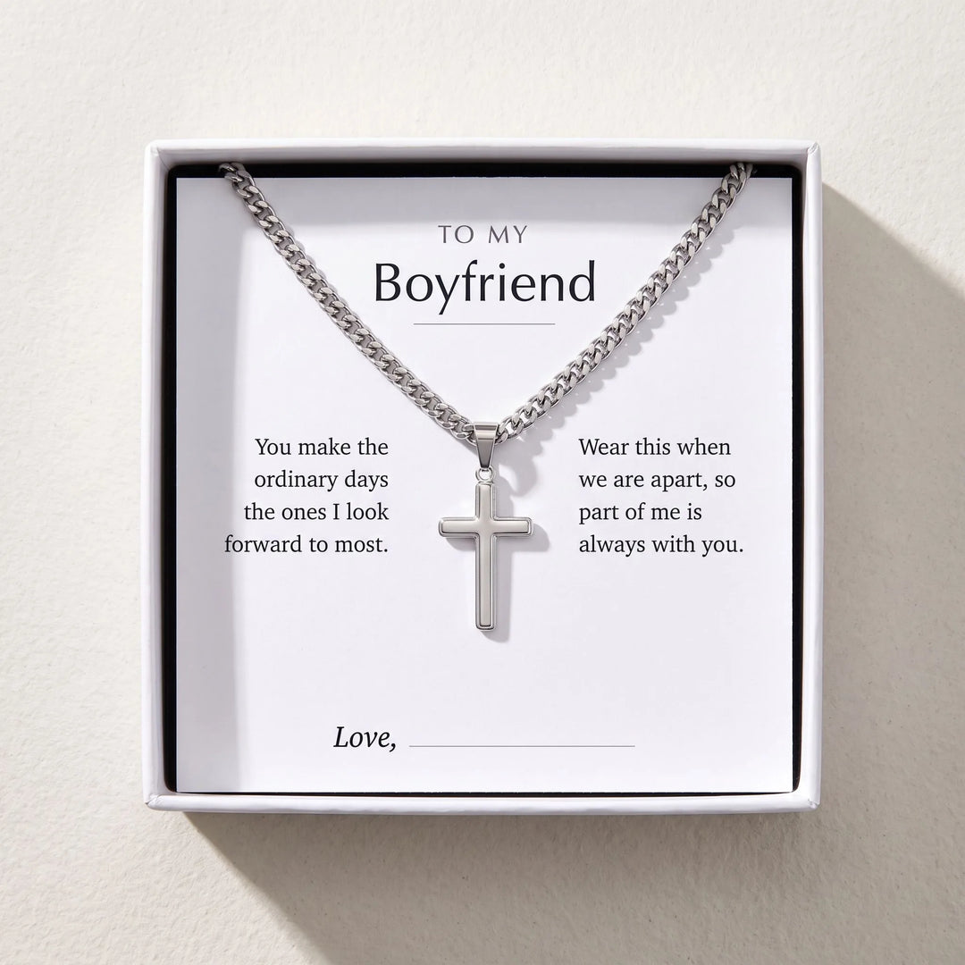 Men's cross necklace in a gift box with the To My Boyfriend message card