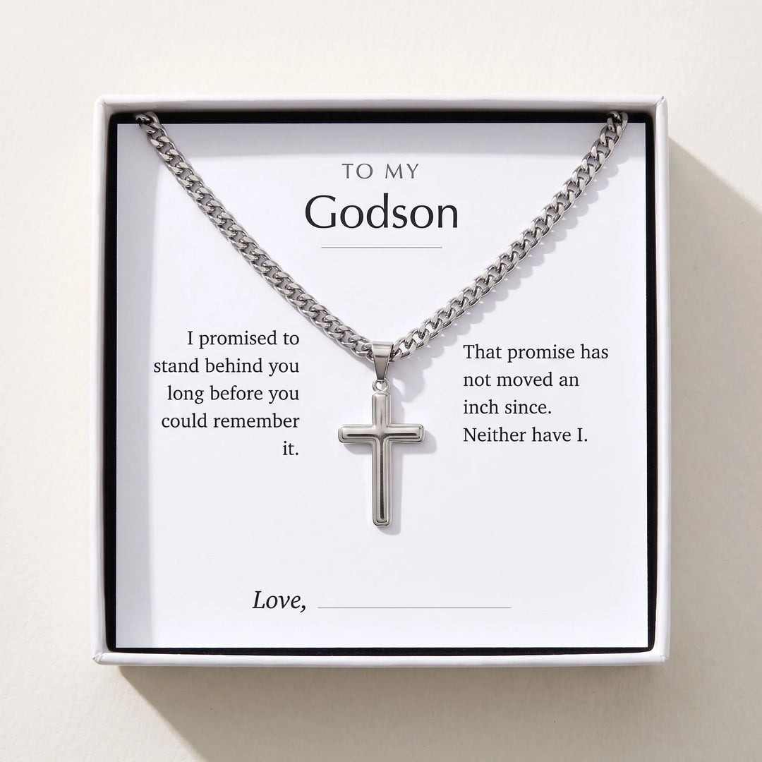 Men's cross necklace in a gift box with the To My Godson message card
