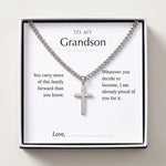 Load image into Gallery viewer, Men's cross necklace in a gift box with the To My Grandson message card
