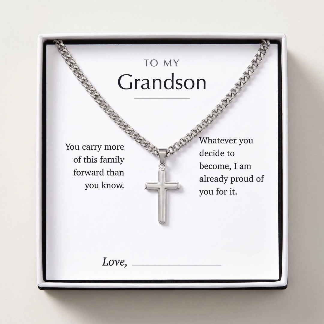 Men's cross necklace in a gift box with the To My Grandson message card