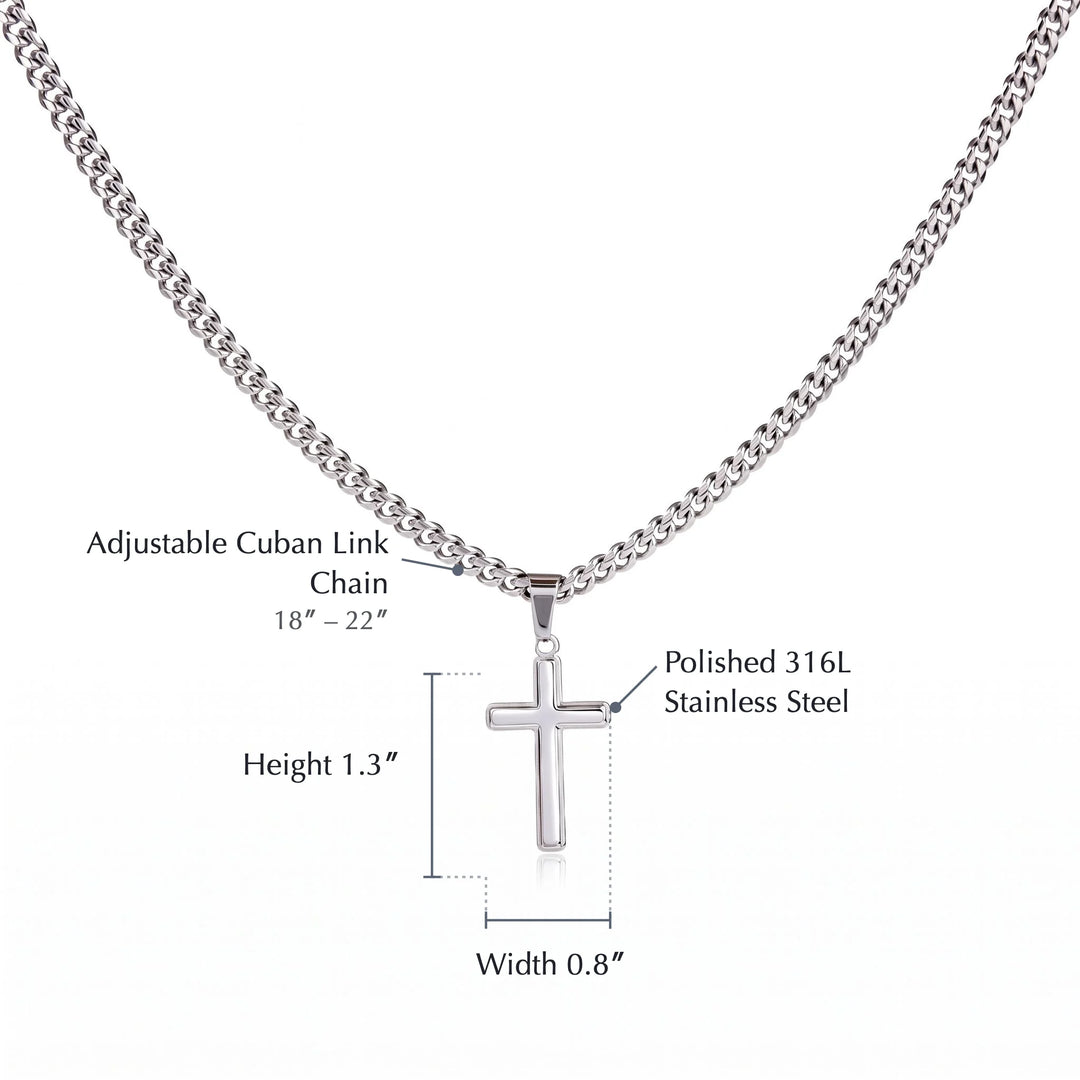 Men's cross necklace size guide: 1.3 inch cross pendant, 0.8 inch wide, adjustable 18 to 22 inch Cuban link chain