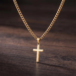 Load image into Gallery viewer, Gold-tone cross pendant and Cuban link chain, close detail

