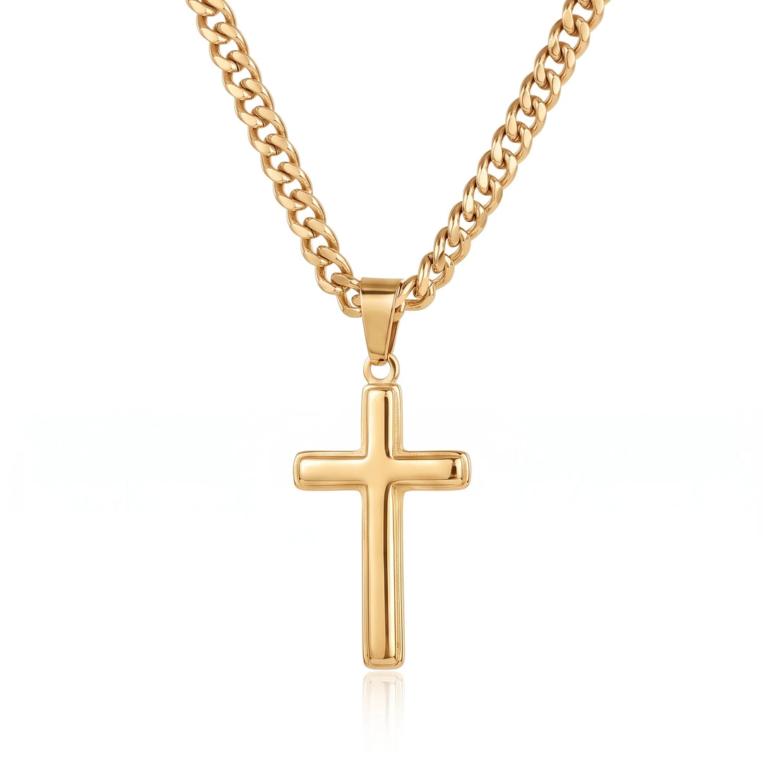 Men's gold cross necklace on an adjustable gold-tone Cuban link chain, 316L stainless steel