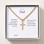 Load image into Gallery viewer, Gold cross necklace in a gift box with a printed Dad message card
