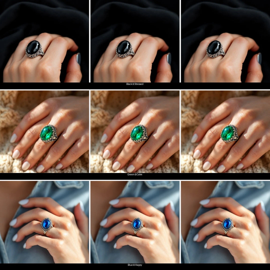 Mood ring color change chart — black stressed, green calm, blue happy