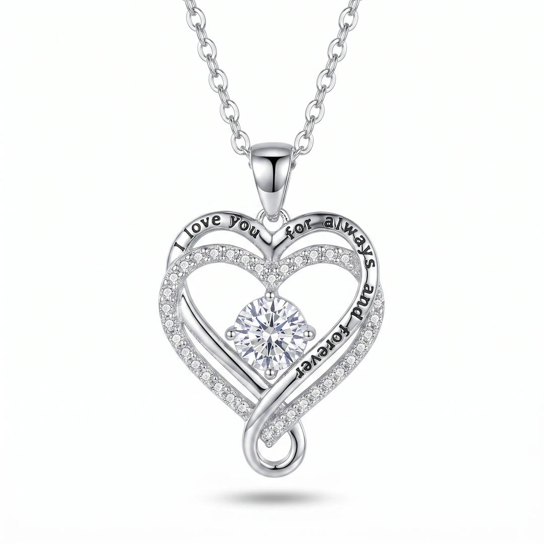 Love Knot Heart Necklace — silver-tone, white background