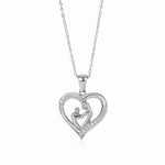 Lade Bild in die Galerieansicht, Mom Heart Necklace in silver-tone stainless steel, mother and child heart pendant with CZ pave stones, white background
