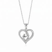 Mom Heart Necklace in silver-tone stainless steel, mother and child heart pendant with CZ pave stones, white background