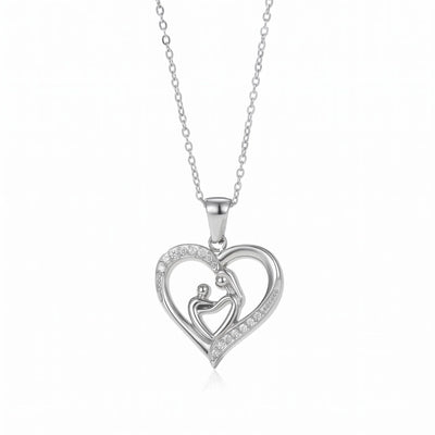 Mom Heart Necklace in silver-tone stainless steel, mother and child heart pendant with CZ pave stones, white background
