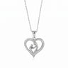 Mom Heart Necklace in silver-tone stainless steel, mother and child heart pendant with CZ pave stones, white background
