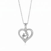 Mom Heart Necklace in silver-tone stainless steel, mother and child heart pendant with CZ pave stones, white background