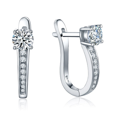 Sparkling moissanite hoop earrings in silver on a white background