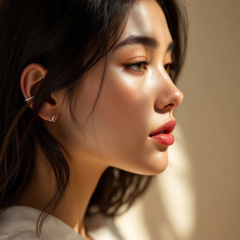 Sterling silver ear cuff lifestyle photo — worn on inner ear cartilage fold, three-quarter face profile