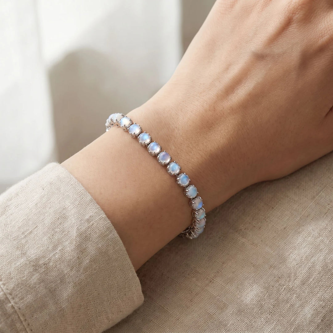 Rainbow Moonstone Tennis Bracelet worn on the wrist